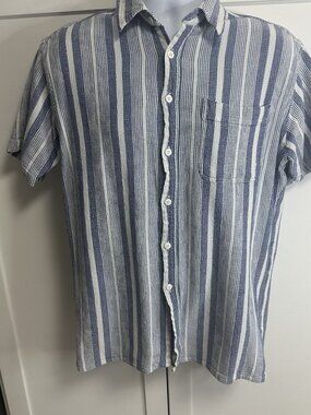L. L.  Bean Men's Shirt Medium Stripped Cool Blue and White Casual Coastal